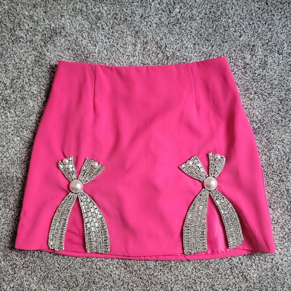 Ina Dresses & Skirts - Pink Bejeweled Bow Rhinestone Mini Skirt Size Medium